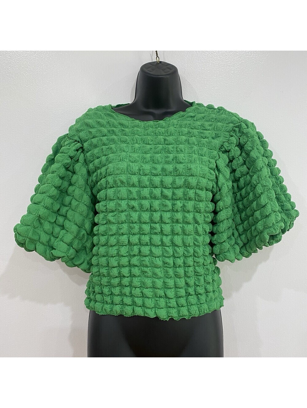 Anthropologie Eri + Ali Size S Textured Puff Sleeve Top Green Bubble Knit